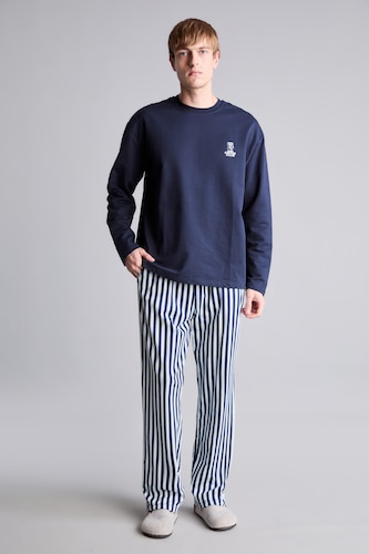 MAN NAVY Regular Fit 100% Cotton Long Sleeve Crew Neck Top and Striped Trousers Pajama Set