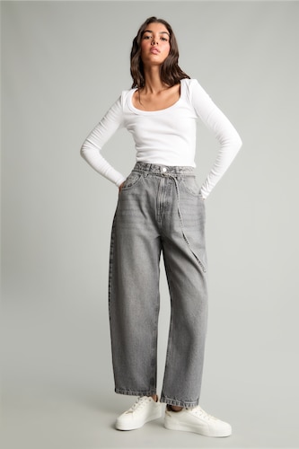 Женщины Серый Брюки Barrel Fit
