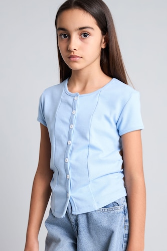 Young Girls - Teen Girls Light Blue Girl Ribbed Short Sleeve T-Shirt