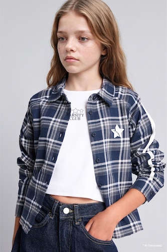 Girl Regular Fit 100% Cotton Checkered Flannel Back Printed Shirt