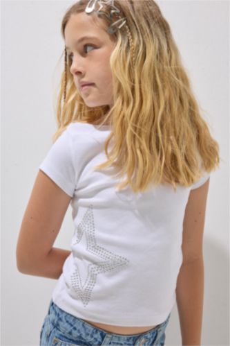 GIRLS & TEENS White تيشيرت ابيض بناتي نص كم مضلع بطبعة نجم