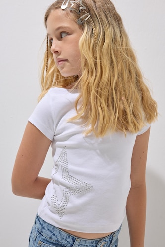 Young Girls - Teen Girls White Girl Ribana Printed Cotton Short Sleeve White T-Shirt