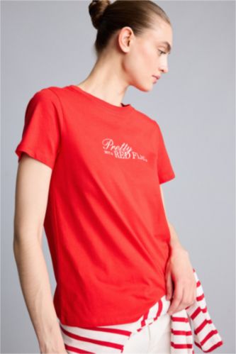 Kadın Kırmızı Regular Fit Baskılı Tişört