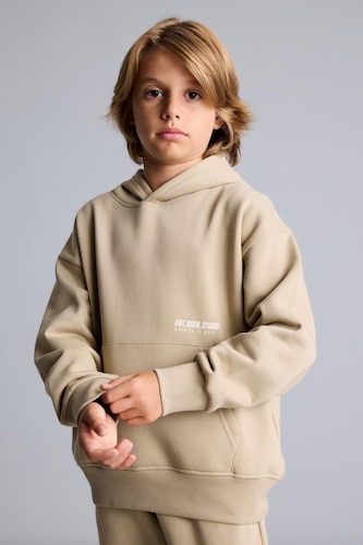 Young Boys - Teen Boys Light Beige Regular Fit Slogan Hooded Sweatshirt