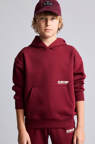 Erkek Çocuk - Genç Erkek Bordo Kapüşonlu Baskılı Sweatshirt Erkek Çocuk