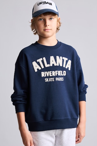 Erkek Çocuk - Genç Erkek Lacivert Oversize Yazı Nakışlı Sweatshirt Erkek Çocuk