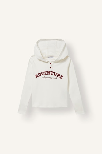 Girl Cotton Hooded Printed Ribbed Long Sleeve T-Shirt