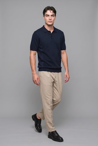 Erkek Lacivert Standart Fit Dokulu Triko Basic Polo Tişört
