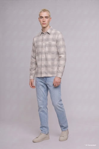 رجالي بيج فاتح Boxy Fit Long Sleeve Shirt