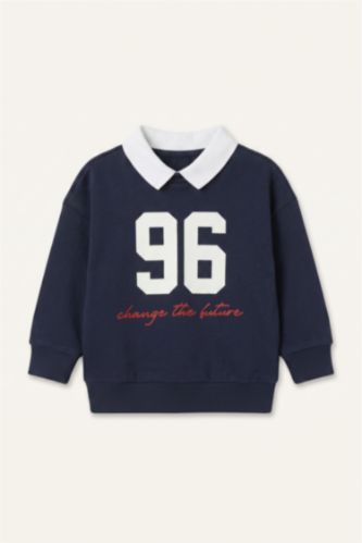 Erkek Bebek Lacivert Oversıze Polo Yaka Baskılı Sweatshirt Erkek Bebek