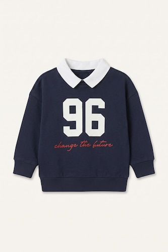 Baby Boy 100% Cotton Oversize Fit Printed Polo Neck Sweatshirt