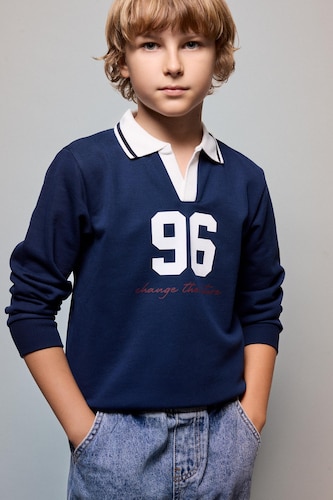 BOYS & TEENS NAVY Boy Oversize Fit Navy Printed Polo Collar Sweatshirt