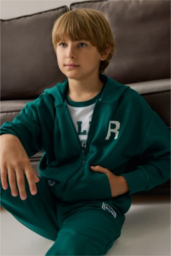 Erkek Çocuk - Genç Erkek Koyu Yeşil Fermuarlı Sweatshirt Hırka Erkek Çocuk