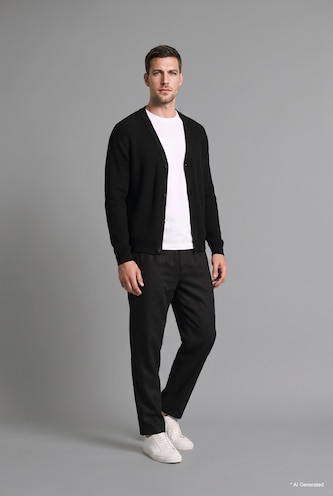 رجال أسود Standard Fit Basic Button-Up V-Neck Knit Cardigan