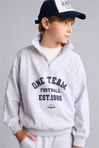 Erkek Çocuk - Genç Erkek Optik Gri Melanj Regular Fıt Dik Yaka Baskılı Sweatshirt Erkek Çocuk