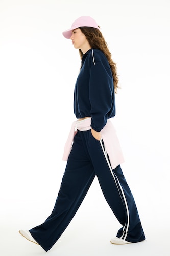 FEMME Marin Pantalon effet tricot Coupe large