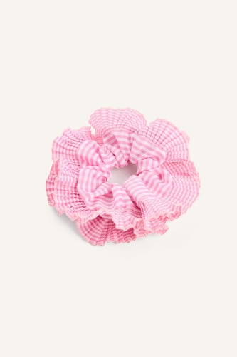 Woman Pink Plaid Hair Tie