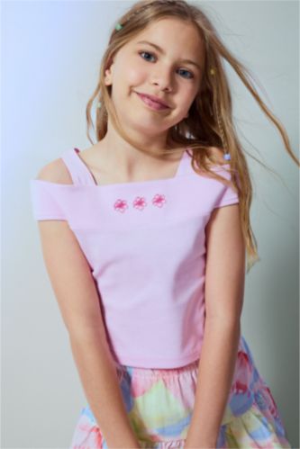GIRLS & TEENS Pink بلوزة بناتي نص كم مضلع بياقة عريضة