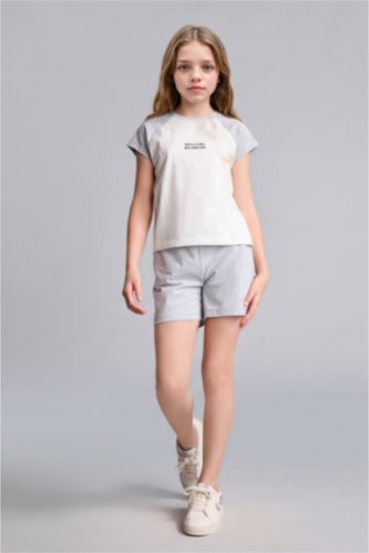 GIRLS & TEENS Light Grey Melange طقم بناتي ريبانا مضلع قصة عادية - قطعتين