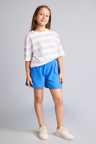 Young Girls - Teen Girls Blue Girl 100% Cotton Muslin Stretch Waist Shorts