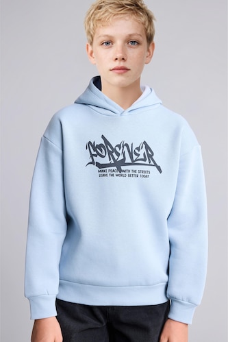 Erkek Çocuk - Genç Erkek Mavi Baskılı Kapüşonlu Oversize Sweatshirt Erkek Çocuk