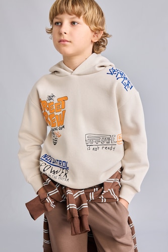 Erkek Çocuk - Genç Erkek Bej Baskılı Oversize Sweatshirt Erkek Çocuk