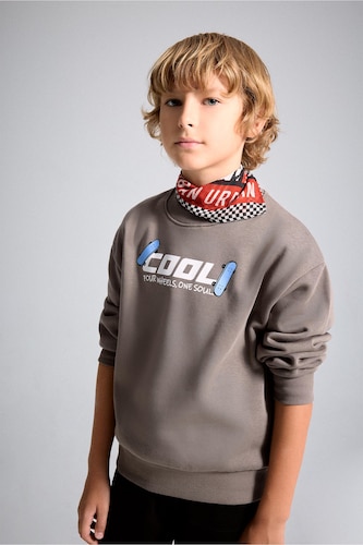 Erkek Çocuk - Genç Erkek Açık Kahve Oversize Sırt Baskılı Sweatshirt Erkek Çocuk