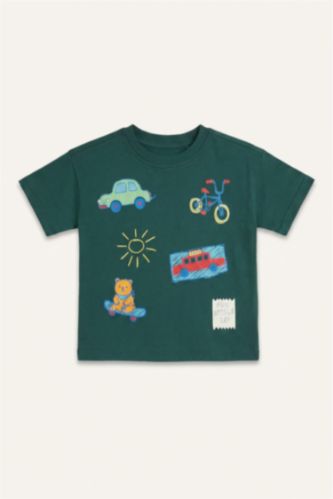 Baby Boys Dark Green Oversize Fit Printed Short Sleeve T-Shirt