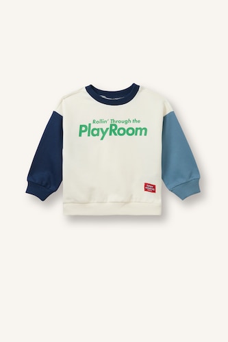 Erkek Bebek Ekru Oversize Baskılı Renk Bloklu Bebek Sweatshirt