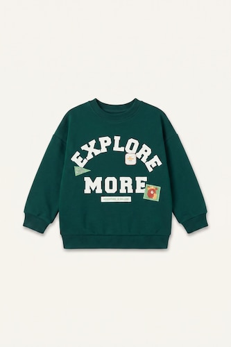 Erkek Bebek Koyu Yeşil Oversize Baskılı Arma Detaylı Sweatshirt