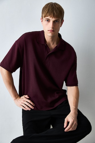 Erkek Koyu Bordo Boxy Fit Pamuklu Polo Tişört