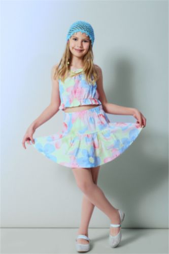 بنات أصفر فاتح Gril Poplin Floral Light Yellow Mini Skirt 2 Piece Set