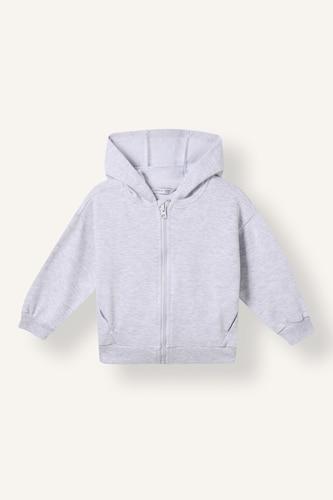 Kız Bebek Açık Gri Melange Kapüşonlu Fermuarlı Sweatshirt Hırka Kız Bebek