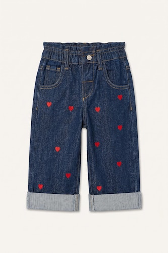 Baby Girl 100% Cotton Wide Leg Heart Embroidered Jeans