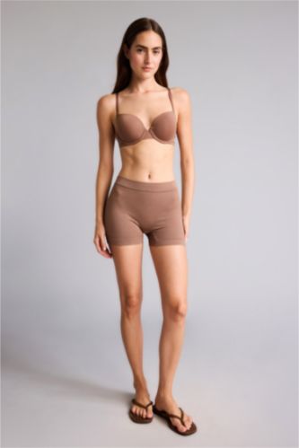Woman Brown Ribbed Elastic Waist Brown Seamless Boxer
