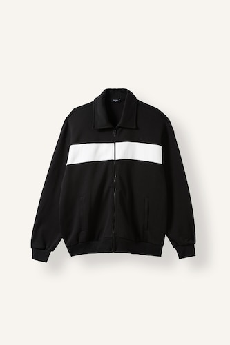 Erkek Siyah Boxy Fit Fermuarlı Şeritli Sweatshirt Hırka