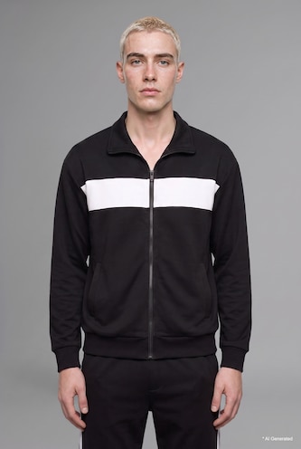 رجال أسود Boxy Fit Polo Collar Zipper Striped Cardigan