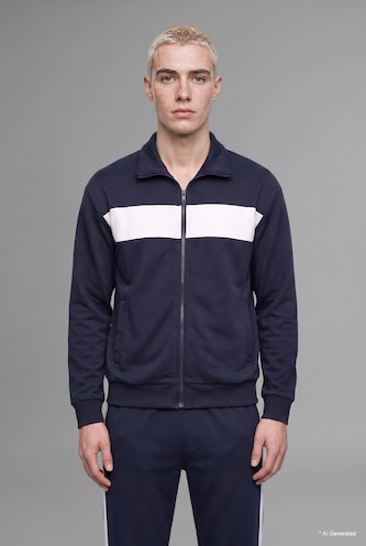رجال كحلي Boxy Fit Polo Collar Zip-Up Sweatshirt
