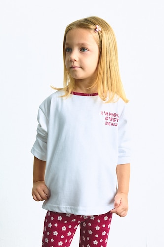 Kız Bebek Beyaz Baskılı Penye Uzun Kollu Tişört Kız Bebek