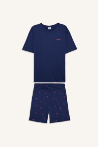 Erkek İndigo %100 Pamuk New Regular Fit Şort Tişört 2'li Şortlu Pijama Takımı