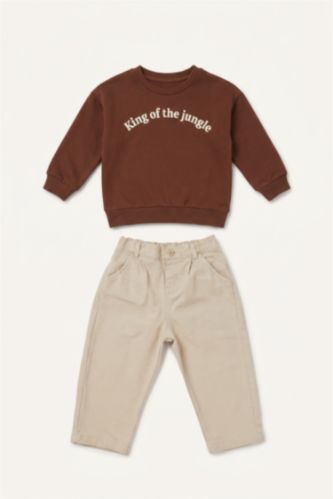 Baby Boys Brown 2 piece Regular Fit Crew Neck Embroidered Set