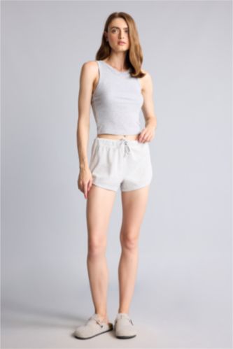 Kadın Gri Melanj Pamuklu Waffle Dokulu Elastik Bel Kısa Şort
