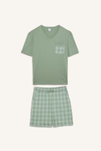Erkek Açık Yeşil %100 Pamuk New Regular Fit Şort Tişört 2'li Şortlu Pijama Takımı