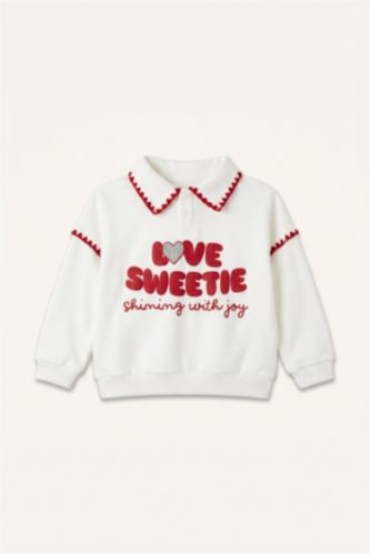 Kız Bebek Ekru Polo Yaka Baskılı Sweatshirt Kız Bebek