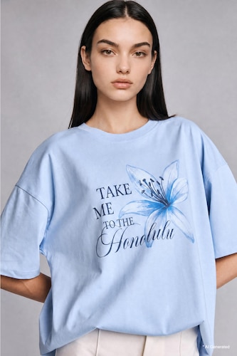 Women Light Blue Oversize Crew Neck Blue Floral T-Shirt