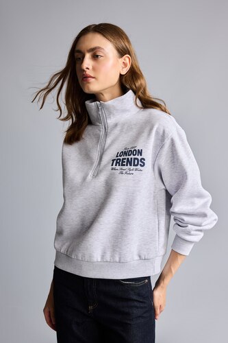 WOMAN Grey Melange Regular Fit Thick Sweatshirt Fabric Sweatshirt