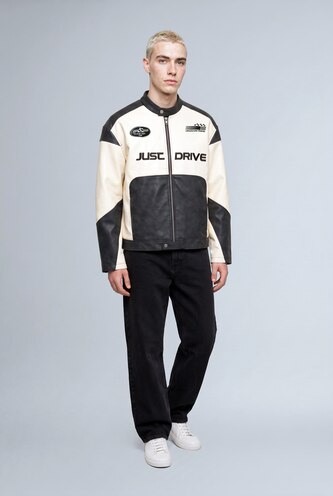 Men Anthracite Zipper Faux Leather Jacket
