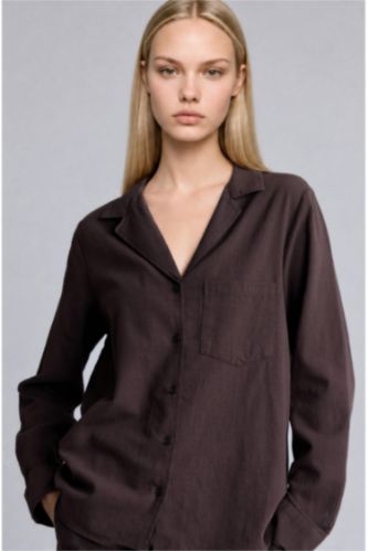 Women Brown Oversize Fit Linen Blended Long Sleeve Shirt