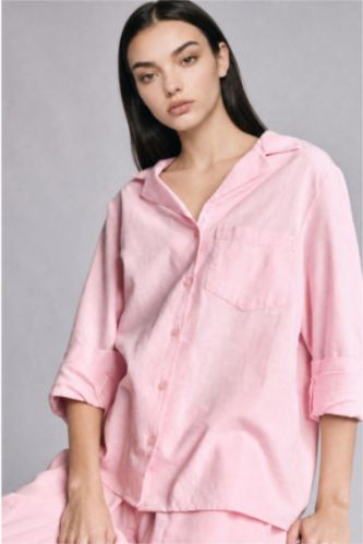 Kadın Pembe Oversize Uzun Kollu Keten Karışımlı Gömlek