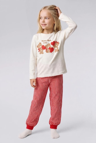 Kız Bebek Ekru 2'li Pijama Takımı Pötikare Kız Bebek